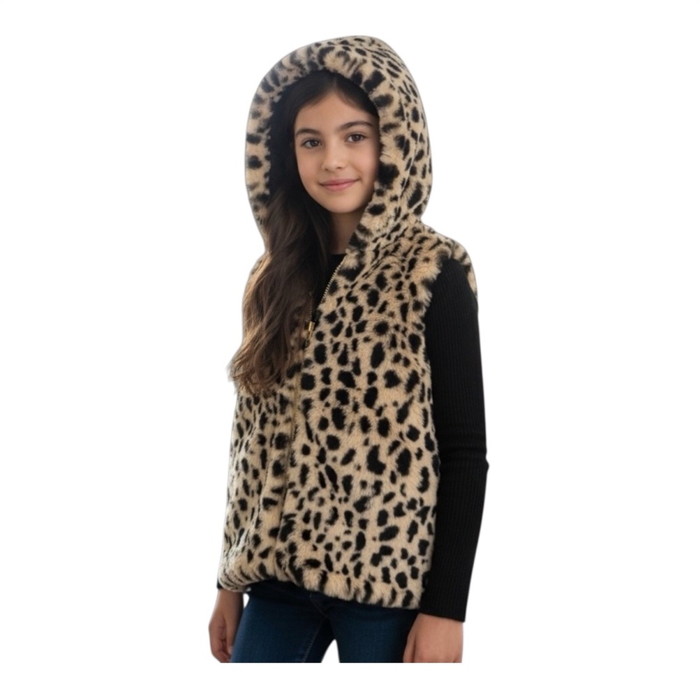 NEW H&M Girls 4-6Y Faux‎ Fur Leopard Print Hooded Vest Pockets